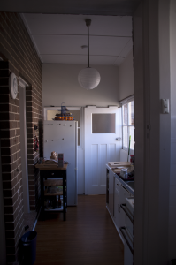 The kitchen from the bathroom